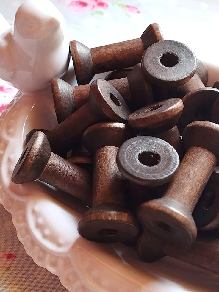 Set of 5 - Walnut Brown Wooden Spools - 1.57" - Sugar Pink Boutique