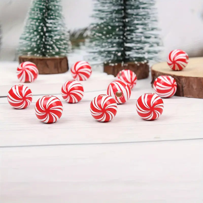 Green and Red Peppermint Swirl Wooden Beads - Set of 50