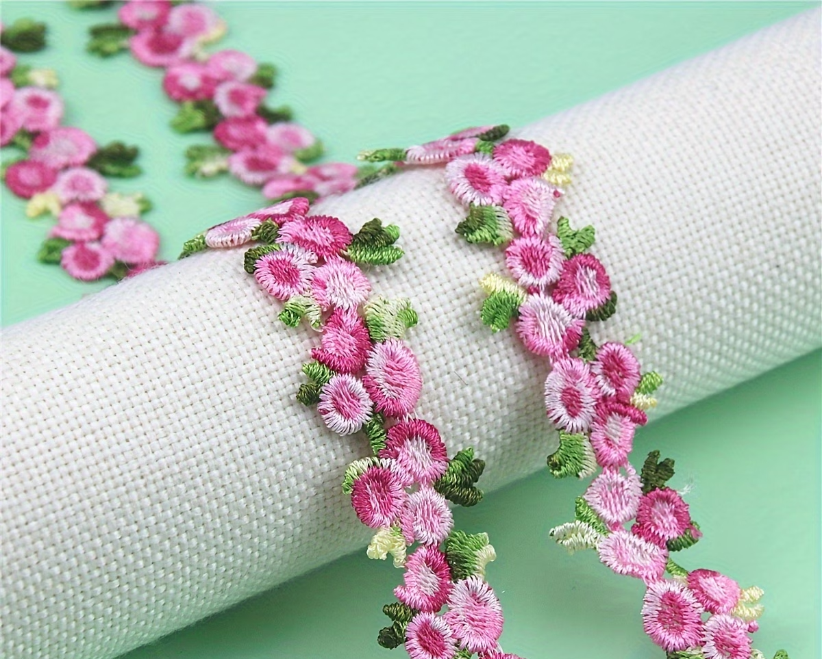 Rose Pink and Green Floral Embroidered Lace Trim - .79 inch - 1 Yard