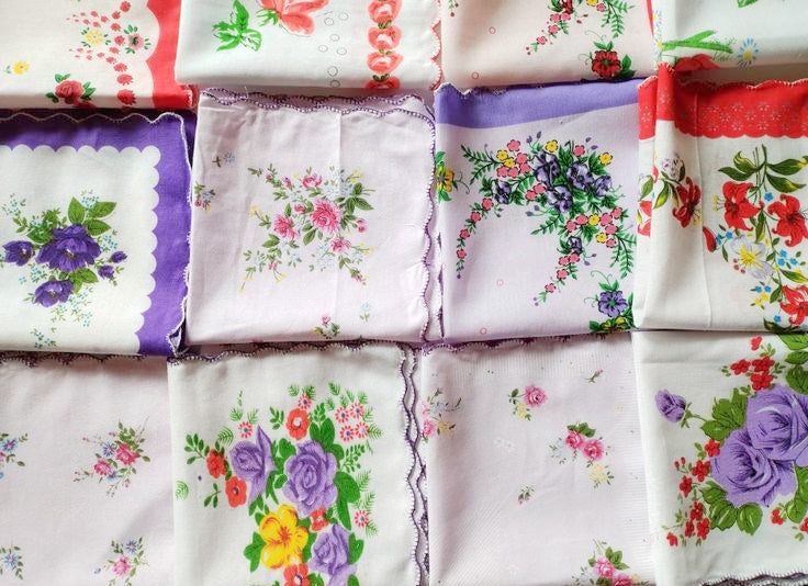 Set of 12 - Assortment of Floral Vintage Style Scalloped Edge Cotton Handkerchiefs