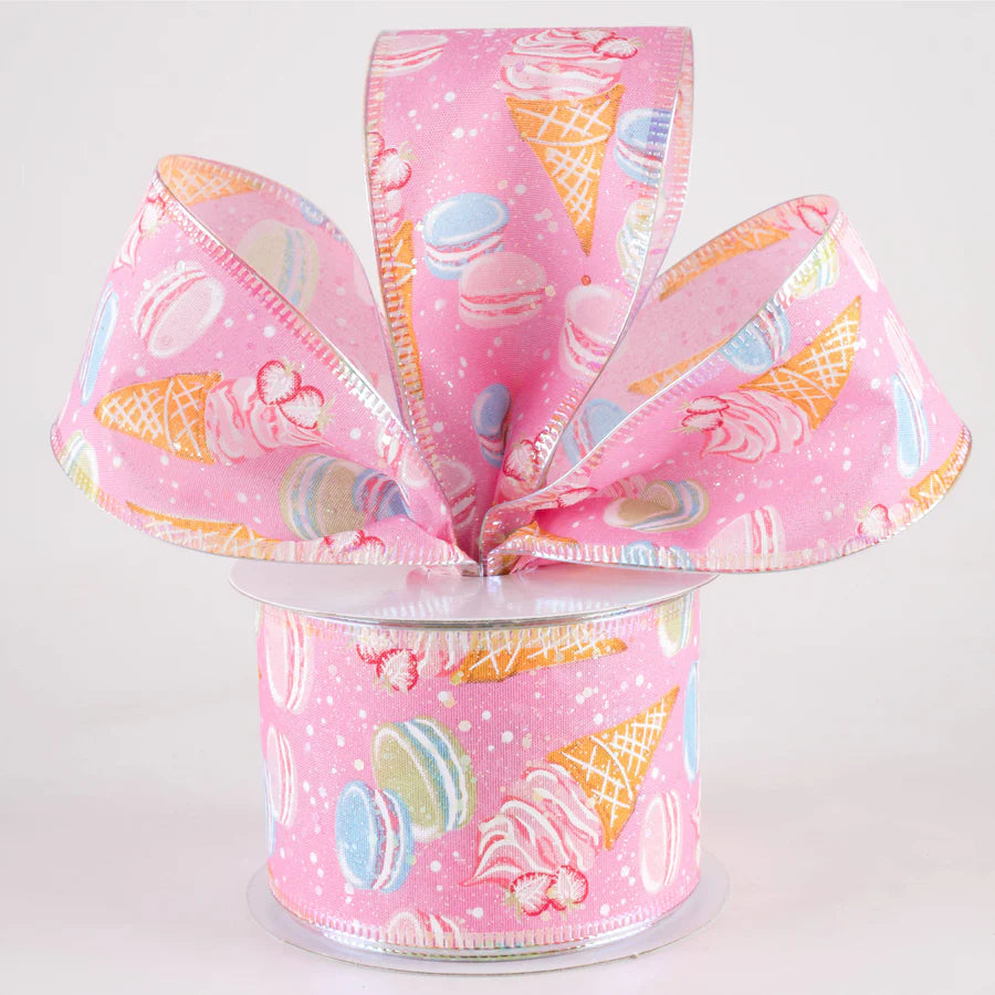 2 1/2" Iridescent Ice Cream & Macarons Wired Ribbon: Pink - 1 Yard - Sugar Pink Boutique