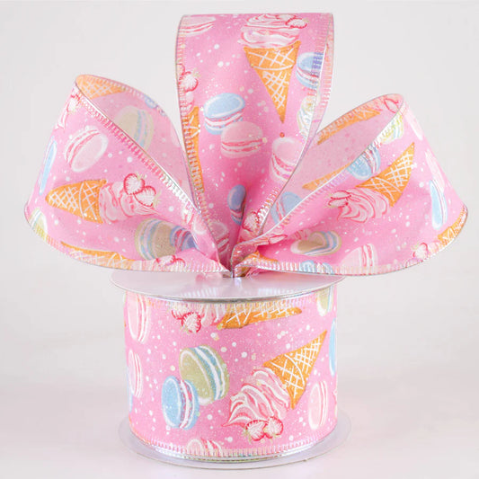 2 1/2" Iridescent Ice Cream & Macarons Wired Ribbon: Pink - 1 Yard - Sugar Pink Boutique
