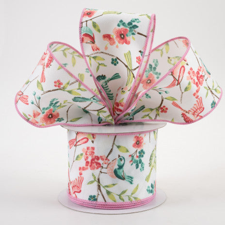 2 1/2" Birds With Floral Branches Wired Ribbon: White, Peach, Teal, Green - 1 Yard - Sugar Pink Boutique