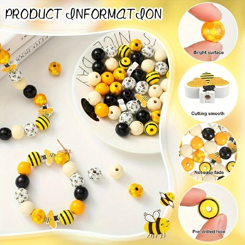 Bees Themed Spring & Summer Wooden Beads - Set of 60