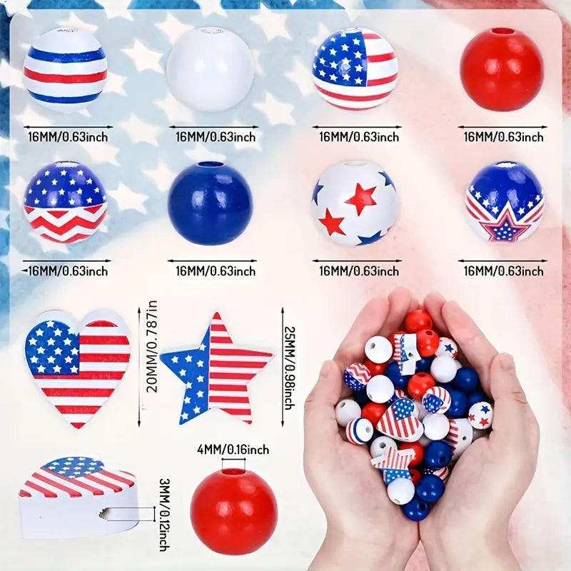 Patriotic Wooden Beads - Set of 65