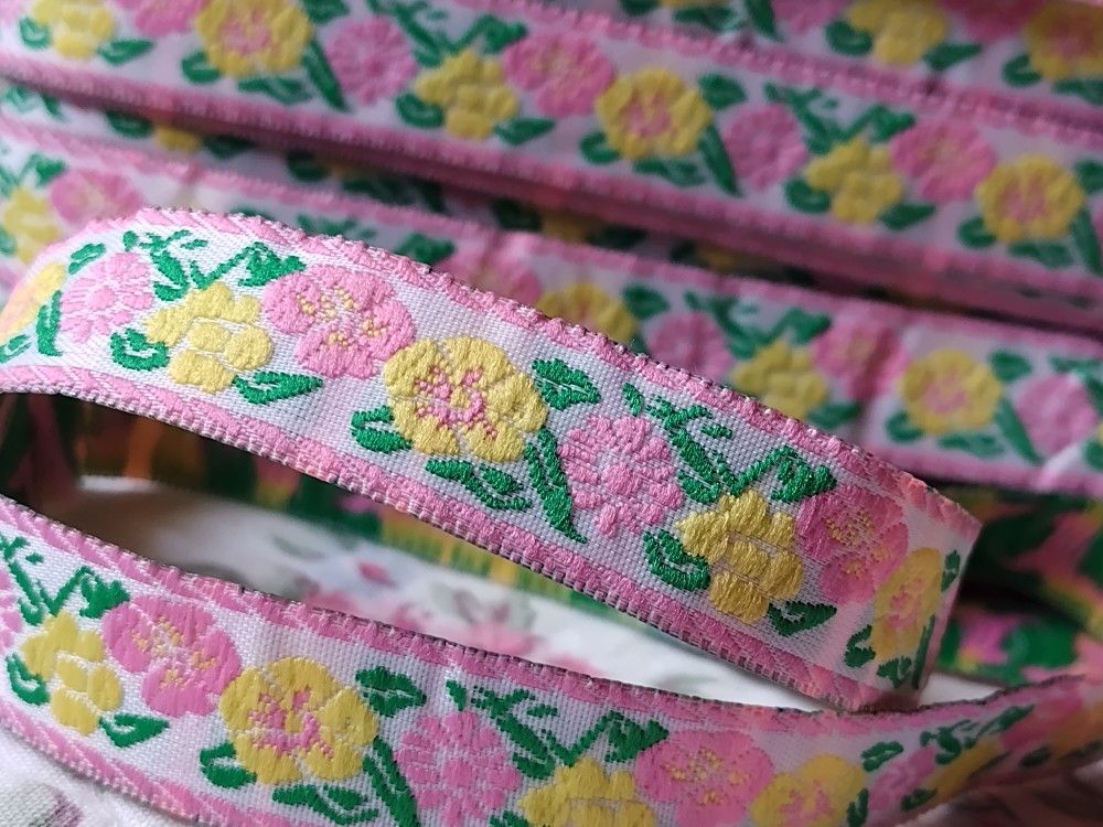 Jacquard Pink, Green & Yellow Spring Floral Ribbon - 5/8" - 1 Yard