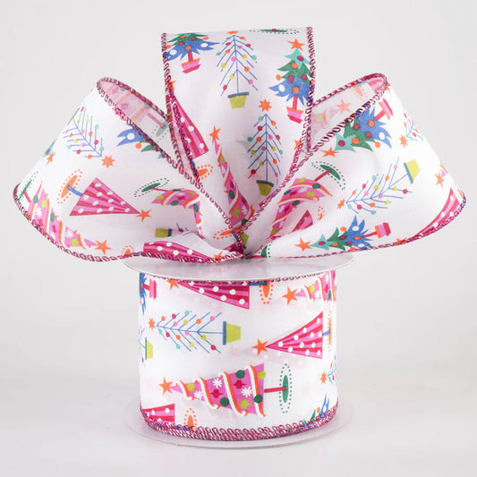 2 1/2" Retro Christmas Trees Wired Ribbon: Pink Christmas - 1 Yard - Sugar Pink Boutique
