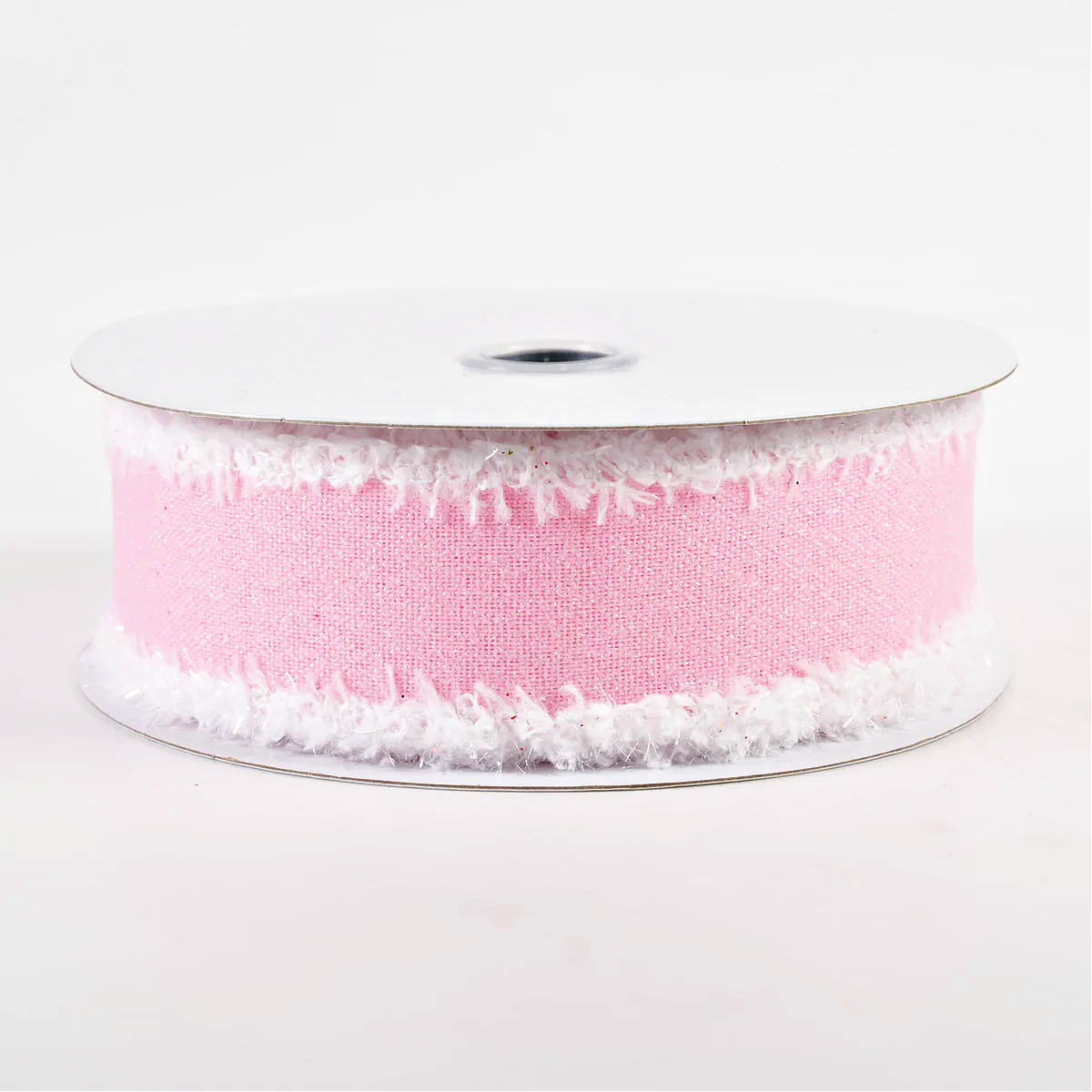 1 1/2" Crystal Shine Fuzzy Edge Wired Ribbon: Pink & White - 1 Yard