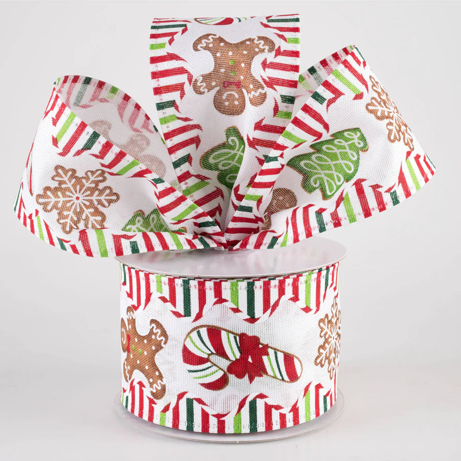2 1/2" Christmas Cookies Candy Stripe Wavy Edge Wired Ribbon: White - 1 Yard