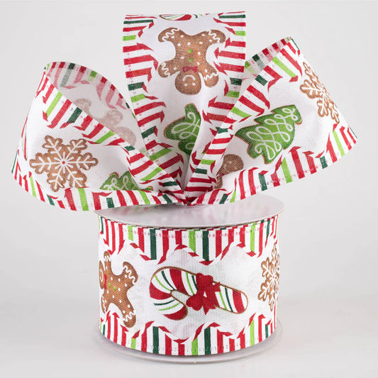 2 1/2" Christmas Cookies Candy Stripe Wavy Edge Wired Ribbon: White - 1 Yard