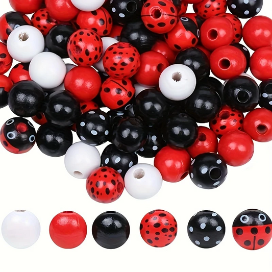 Ladybug Themed Spring & Summer Wooden Beads - Set of 60 - Sugar Pink Boutique