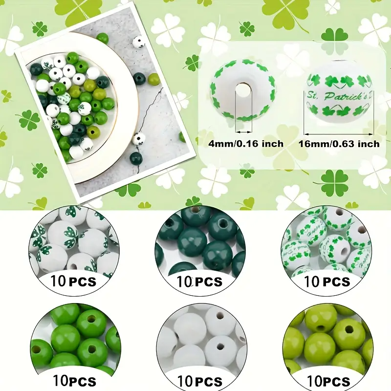 St. Patrick's Day Wooden Beads - Set of 60