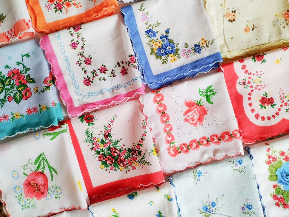 Set of 12 - Assortment of Floral Vintage Style Scalloped Edge Cotton Handkerchiefs