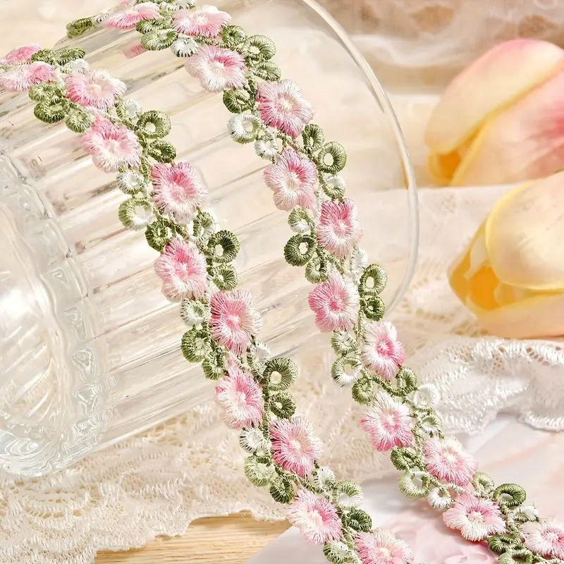 Pale Pink and Green Floral Embroidered Lace Trim - .78 inch - 1 Yard - Sugar Pink Boutique