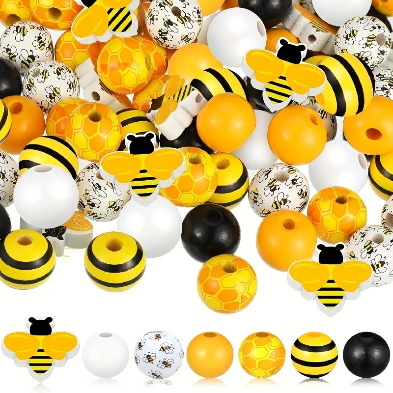 Bees Themed Spring & Summer Wooden Beads - Set of 60