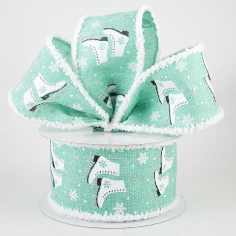 2 1/2" Ice Skates Snow Drift Wired Ribbon: Dark Mint - 1  Yard - Sugar Pink Boutique