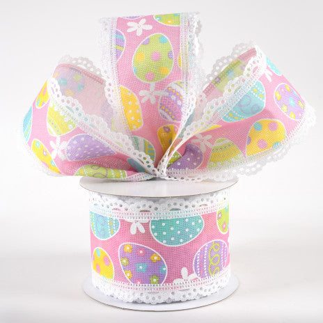 2 1/2" Easter Eggs Lace Edge Wired Ribbon: Light Pink - 1 Yard - Sugar Pink Boutique