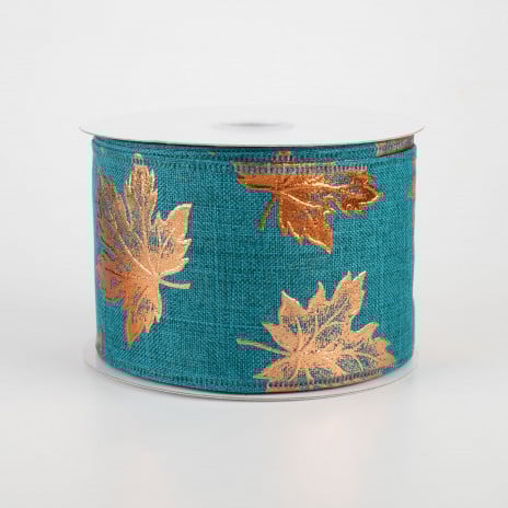 2 1/2" Teal Linen Wired Ribbon With Rust Embossed Fall Leaves - 1 Yard - Sugar Pink Boutique
