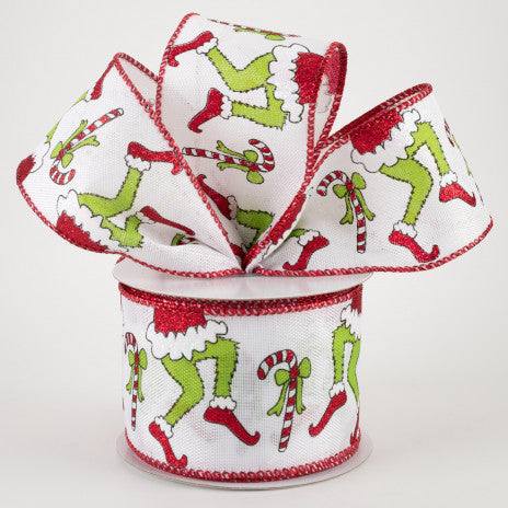 2 1/2" Christmas Green Monster Legs & Candy Canes Wired Ribbon: Red - 1 Yard - Sugar Pink Boutique