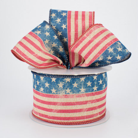 2 1/2" Stars & Stripes Flag Wired Ribbon: Tan, Red & Blue -1 Yard - Sugar Pink Boutique