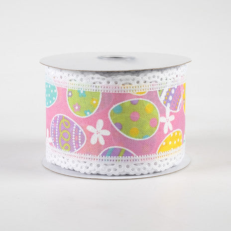 2 1/2" Easter Eggs Lace Edge Wired Ribbon: Light Pink - 1 Yard