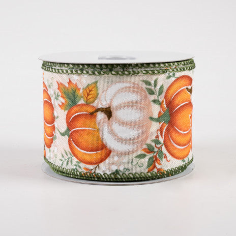 2 1/2" Pumpkin, Gourd, Leaves Wired Ribbon: Cream, Orange, Sage - 1 Yard - Sugar Pink Boutique