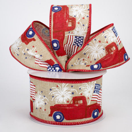 2 1/2" Patriotic Truck Wired Ribbon: Buff - 1 Yard - Sugar Pink Boutique