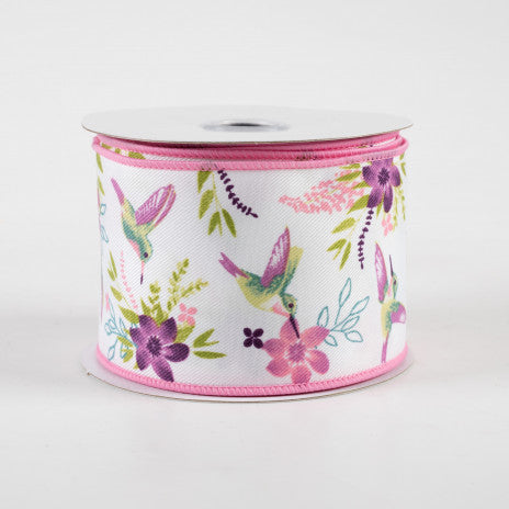 2 1/2" Hummingbirds Wired Ribbon: White, Mauve, Purple, Fresh Green - 1 Yard - Sugar Pink Boutique