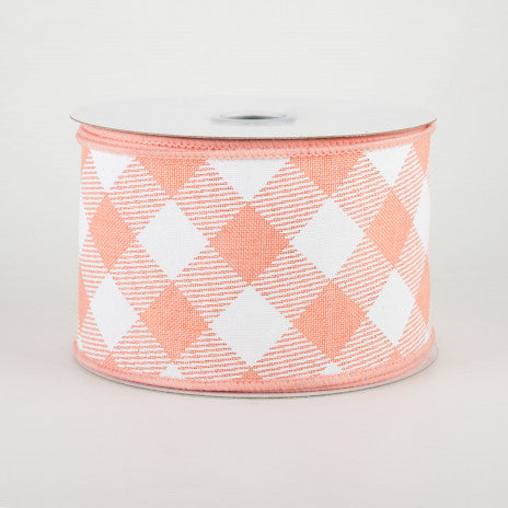 2 1/2" Diagonal Check Wired Ribbon: Peach & White - 1 Yard - Sugar Pink Boutique