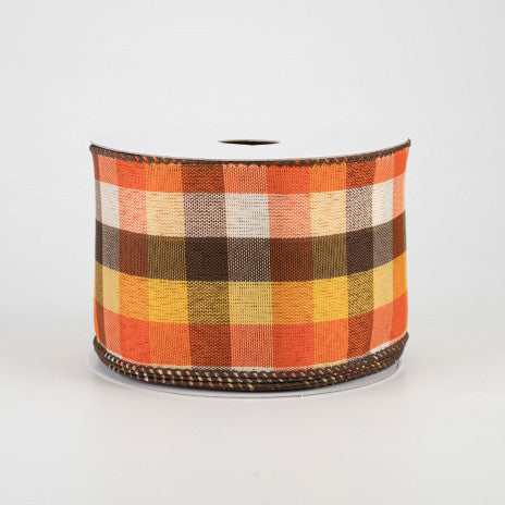 2 1/2" Square Plaid Fall Wired Ribbon: Orange, Brown, Yellow - 1 Yard - Sugar Pink Boutique