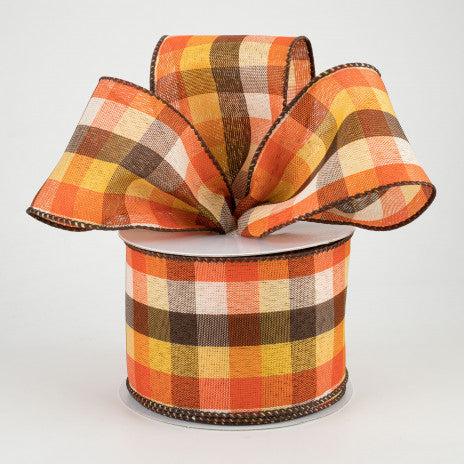 2 1/2" Square Plaid Fall Wired Ribbon: Orange, Brown, Yellow - 1 Yard - Sugar Pink Boutique
