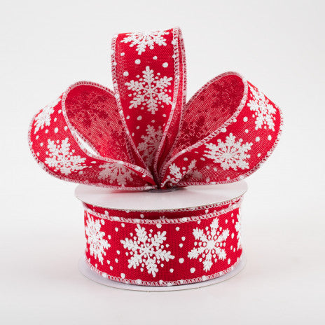 1 1/2" Glitter Snowflakes Wired Ribbon: Red & White - 1 Yard - Sugar Pink Boutique
