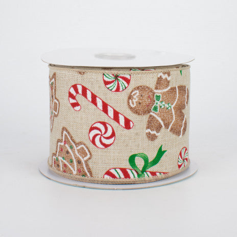 2 1/2" Gingerbread With Candy Wired Ribbon: Natural - 1 Yard - Sugar Pink Boutique