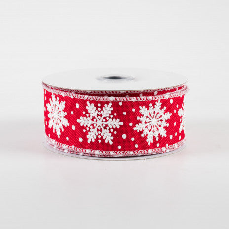 1 1/2" Glitter Snowflakes Wired Ribbon: Red & White - 1 Yard - Sugar Pink Boutique