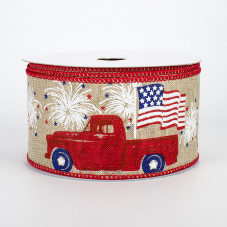 2 1/2" Patriotic Truck Wired Ribbon: Buff - 1 Yard - Sugar Pink Boutique