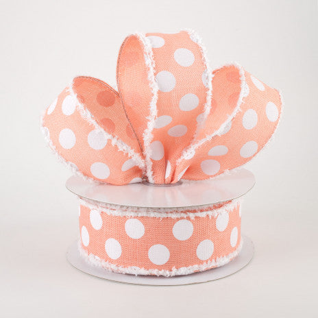 1 1/2" Medium Polka Dots Fuzzy Edge Wired Ribbon: Peach & White - 1 Yard