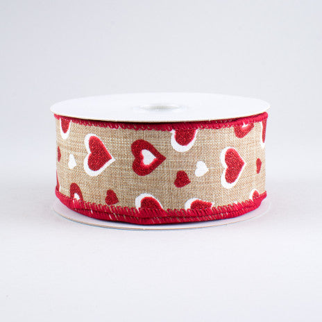 Red Hearts On White Wired Ribbon