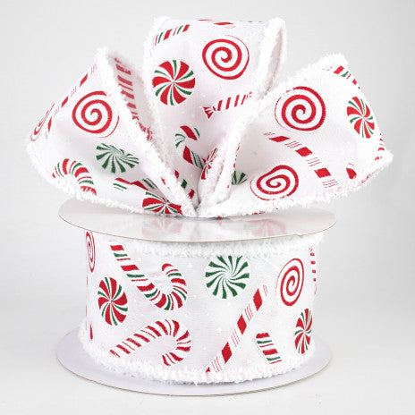 2 1/2" Red & Green Candy Cane & Peppermint Fuzzy Wired Edge Ribbon: White - 1 Yard - Sugar Pink Boutique