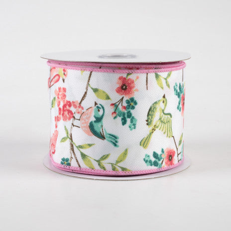 2 1/2" Birds With Floral Branches Wired Ribbon: White, Peach, Teal, Green - 1 Yard - Sugar Pink Boutique