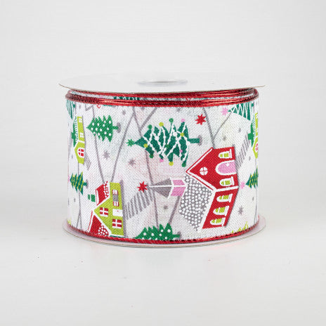 2 1/2" Bright Christmas Village Houses Wired Ribbon - 1 Yard - Sugar Pink Boutique