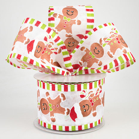 2 1/2" Gingerbread Men Striped Wired Ribbon - 1 Yard - Sugar Pink Boutique
