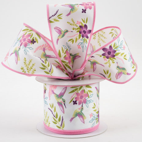 2 1/2" Hummingbirds Wired Ribbon: White, Mauve, Purple, Fresh Green - 1 Yard - Sugar Pink Boutique