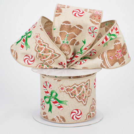 2 1/2" Gingerbread With Candy Wired Ribbon: Natural - 1 Yard - Sugar Pink Boutique