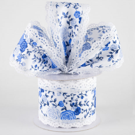 2 1/2" Mini Roses & Lace Scalloped Edge Wired Ribbon: Blues & White - 1 Yard - Sugar Pink Boutique