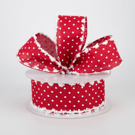 1 1/2" Swiss Dot Snow Edge Wired Ribbon: Red & White- 1 Yard - Sugar Pink Boutique