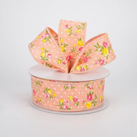 1 1/2" Vintage Floral Dots Wired Ribbon: Peach - 1 Yard - Sugar Pink Boutique