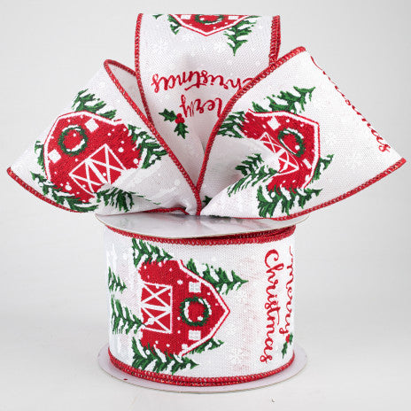 2 1/2" Christmas Red Barn Wired Ribbon: White - 1 Yard - Sugar Pink Boutique