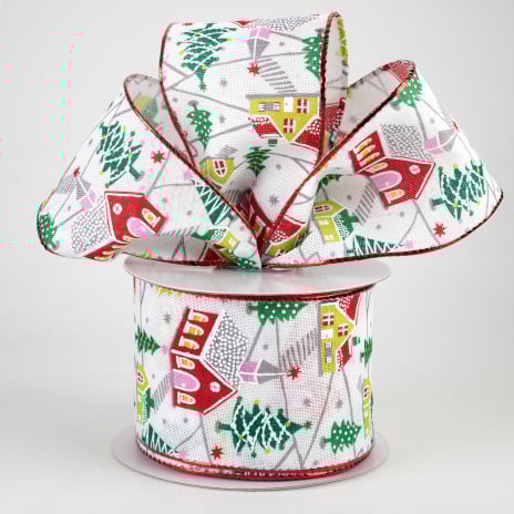 2 1/2" Bright Christmas Village Houses Wired Ribbon - 1 Yard - Sugar Pink Boutique