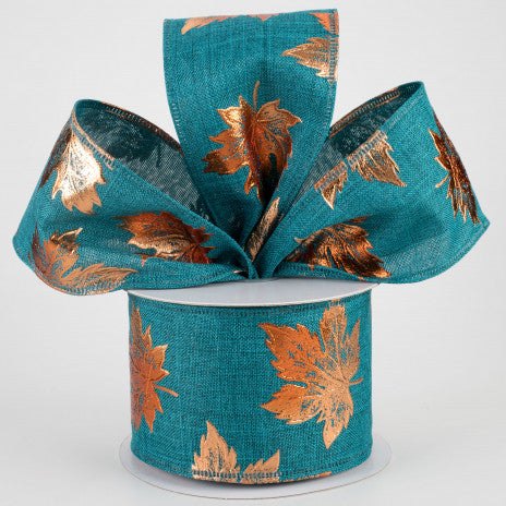2 1/2" Teal Linen Wired Ribbon With Rust Embossed Fall Leaves - 1 Yard - Sugar Pink Boutique