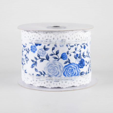 2 1/2" Mini Roses & Lace Scalloped Edge Wired Ribbon: Blues & White - 1 Yard - Sugar Pink Boutique